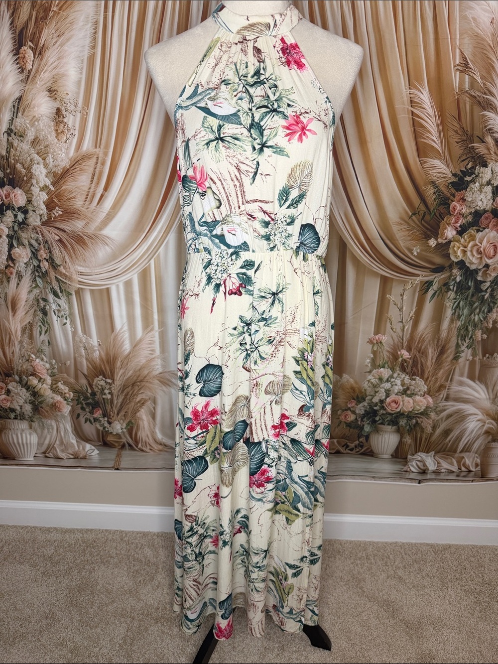 SHEIN Cream Maxi Dress with Pink & Green Floral Design